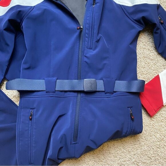 Women’s Perfect Moment Allos Ski Suit Navy Blue Red EUC Large Belted Ski Suit - Picture 5 of 13